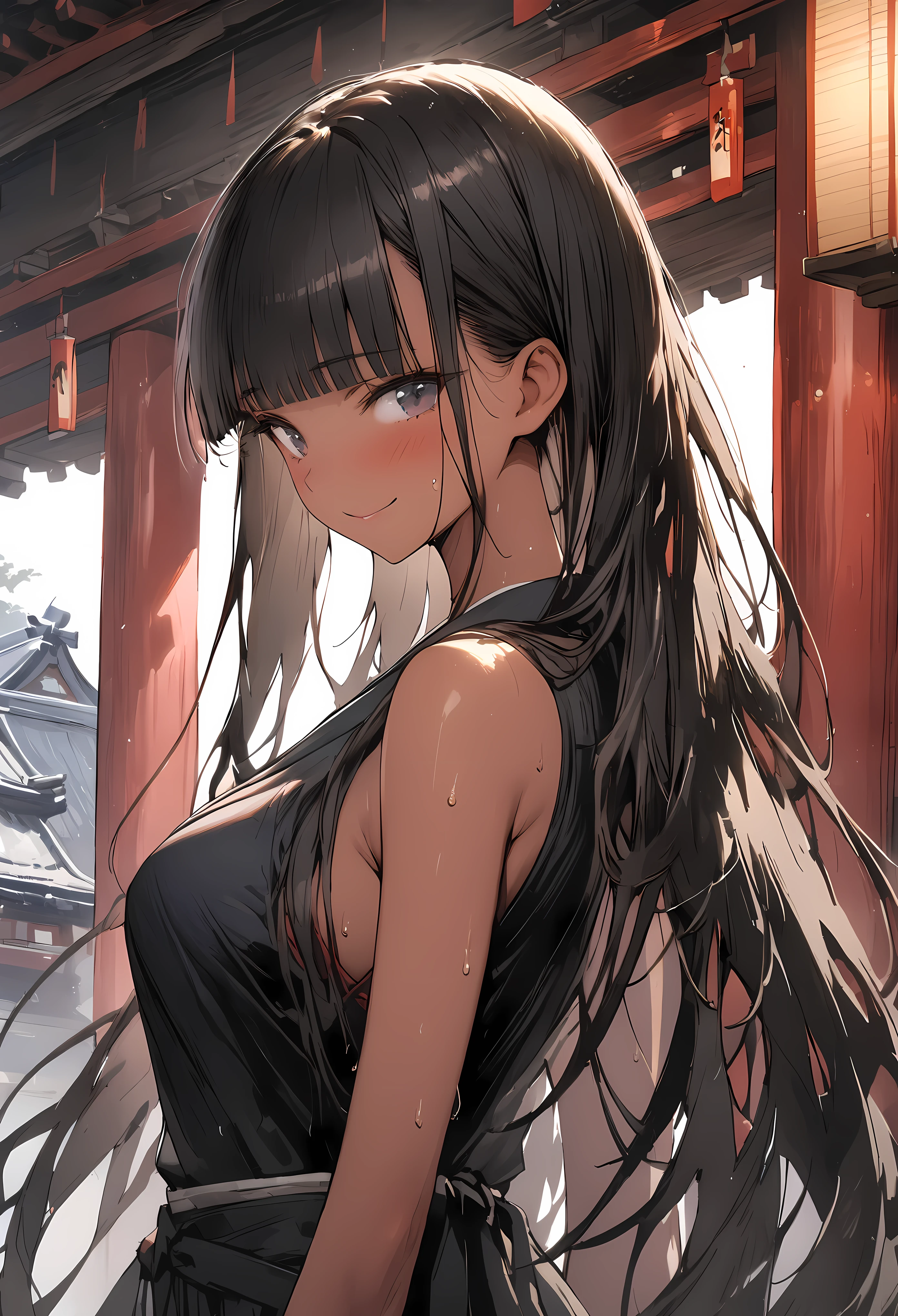 (masterpiece,Highest quality:1.3,best quality illustration),cowboy shot,1woman,(Mature Japan beauties)、black hair,long hair,blunt bangs,black eyes,gorgeous eyes,((very small head:1.3)),shy,smile,((very long body:1.2)),medium breasts,(tan skin, gleaming skin,toned body,slender body, skinny),sweat,(Black kimono,Black Hakama),standing,shrine、