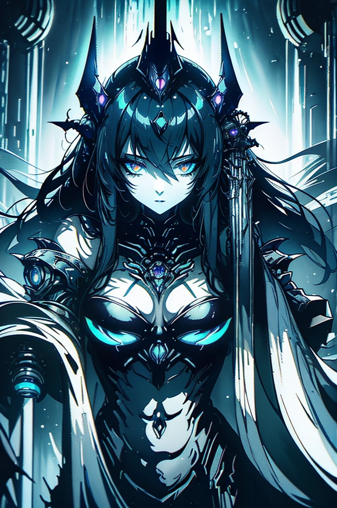 A cybernetically enhanced gothic alien girl, a masterpiece of mechanical horror looms in the shadows. This eerie creature is depicted in a hyper-realistic oil painting, capturing every intricate detail in stunning clarity. Its metallic fins glimmer with neon lights, contrasting starkly against its decaying scales. The background is a dark, polluted cityscape, adding to the ominous atmosphere of the image. The overall quality of the painting is so lifelike that it feels as if the alien could leap out of the canvas at any moment.