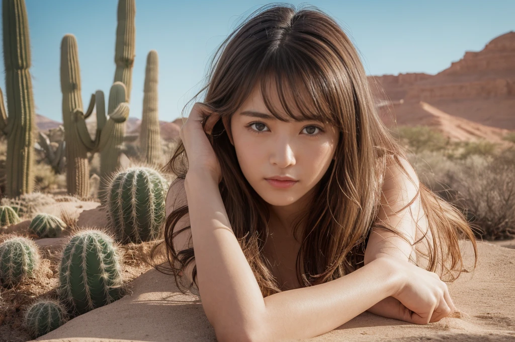 ((Top quality)), ((Excellent)), 32k resolution, realistic photo, level of completion of difficulty S. ((Very beautiful)), one girl, messy hair, realistic skin texture, rugged desert, cactus, feminine pose, divine angle, beyond imagination.