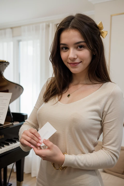 The image shows a young and smiling woman, holding an elegant envelope with a golden bow in his hands. On the envelope you can clearly see. Behind her, a soft, blurred background highlights a white grand piano, illuminated with warm light, creating a cozy and sophisticated atmosphere.
