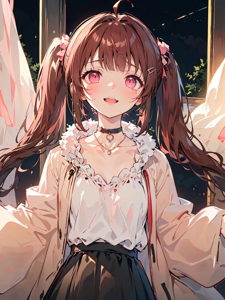 {{{{masterpiece}}}}, {{{Super detailed}}}, {{{high resolution}}},{{high resolution:1.3}}, {{good anatomy}}, (((best quality))), ((anime style,anime girl)),(((pink eyes,brown hair))),(big perfect eyes),((yandere,dark eyelash)),(((coat skirt,collarbone,gray dress, jewelry, choker,necklace,dark atmosphere,night time))), hairclip, {8k cg wallpaper}, {{illustration,zoom in,focus on face,close-up shot, looking out a window}},((twintails|ahoge|floating hair|blunt bangs|short hair|curly))smile,(1girl:1), bride,solo,alone,(Color difference:1.2),(yandere smile,open mouth with Tongue,evil smile,Dark space),blushing,neat face,(medium breasts),((The details are complex、Shallow depth of field、weak lighting、a Canon EOS R5、50mm lens、f / 2.8、shot at 8k resolution))