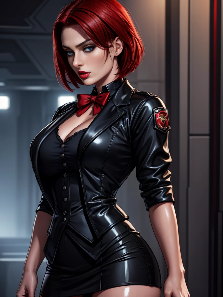 (absurdres, highres, ultra detailed), masterpiece, Sophie Turner as ada wong (resident evil), ((solo)), short red hair, 1girl, skirt suit, tuxedo, black jacket, waistcoat, black bowtie, bodycon skirt, black clothing, miniskirt, closed mouth, standing, (((detailed lips))), ((realistic skin)), glowing skin, ((glossy red lips)), portrait, beautiful, normal skin, blue eyes