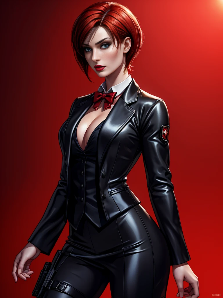(absurdres, highres, ultra detailed), masterpiece, Sophie Turner as ada wong (resident evil), ((solo)), short red hair, 1girl, skirt suit, tuxedo, black jacket, waistcoat, black bowtie, bodycon skirt, black clothing, miniskirt, closed mouth, standing, (((detailed lips))), ((realistic skin)), glowing skin, ((glossy red lips)), portrait, beautiful, normal skin, blue eyes