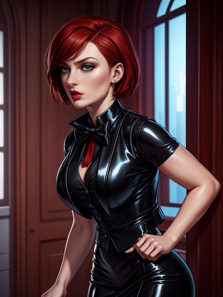 (absurdres, highres, ultra detailed), masterpiece, Sophie Turner as ada wong (resident evil), ((solo)), short red hair, 1girl, skirt suit, tuxedo, black jacket, waistcoat, black bowtie, bodycon skirt, black clothing, miniskirt, closed mouth, standing, (((detailed lips))), ((realistic skin)), glowing skin, ((glossy red lips)), portrait, beautiful, normal skin, blue eyes