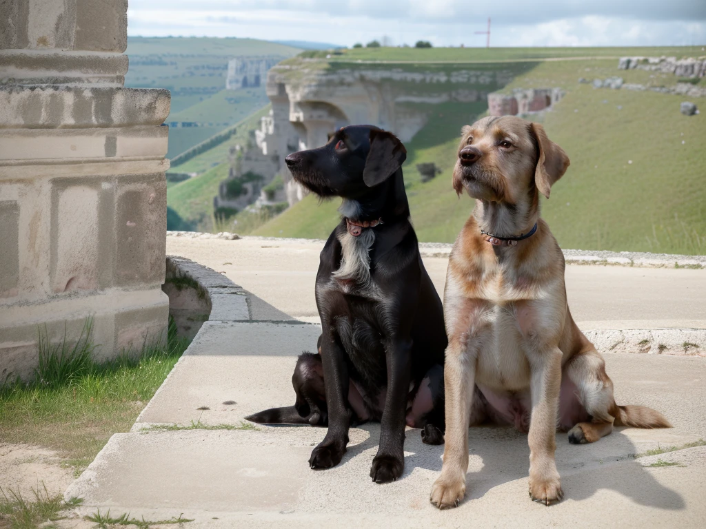 (VIKA and drahthaar dog:1.5), ((supermodel in the sassi_di_matera:1.3)). Town of Mateera in background landscape.