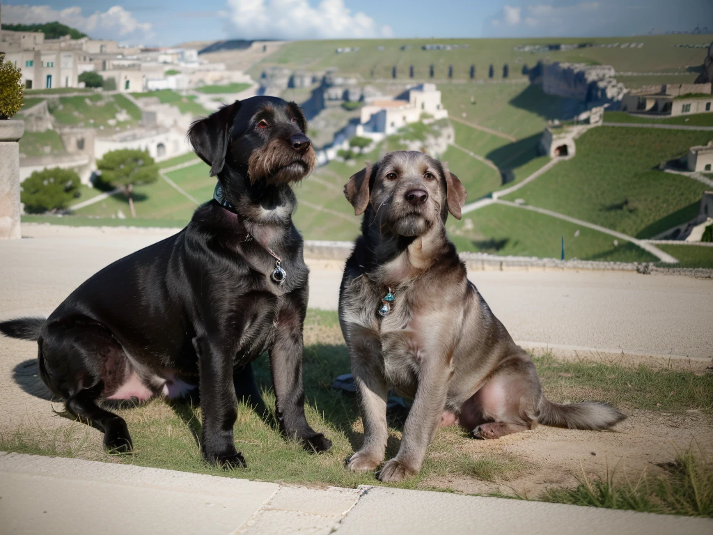 (VIKA and drahthaar dog:1.5), ((supermodel in the sassi_di_matera:1.3)). Town of Mateera in background landscape.
