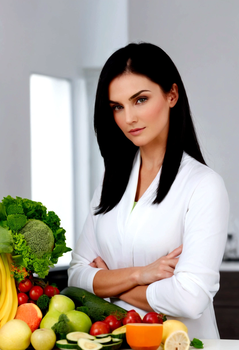 nutritionist midlle lady black hair front concentrated