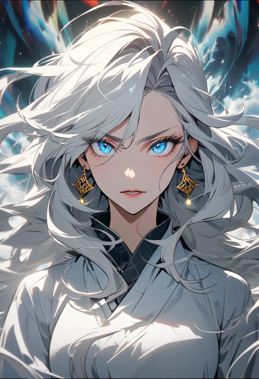 woman, god, god eyes, blue eyes,  windy hair, long hair, white hair, god mature, god eyes, diamond earings, cool face
