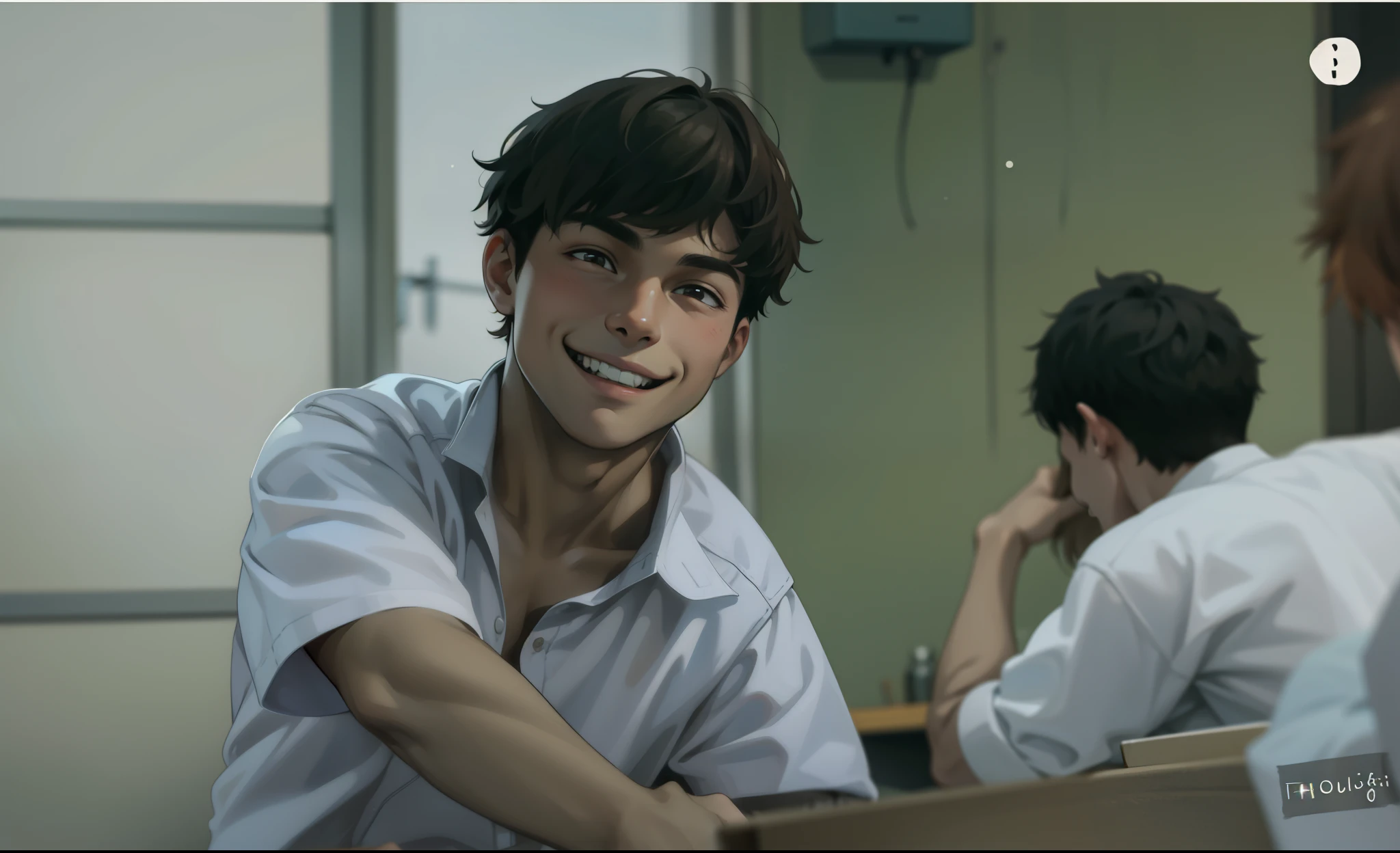 young 18 year old man smiles mischievously, has brown hair
