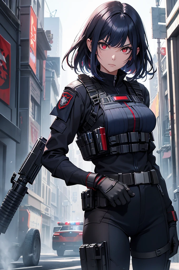 Create high quality images featuring a red eyed elf girl with dark navy blue hair and straight bangs。She is a member of the police special forces.。Wearing a black bulletproof vest。Aggressive pose。Aggressive facial expression。Holding a blue lightsaber。In the background is the city inside the dome。 Next to her is a black armored vehicle.。