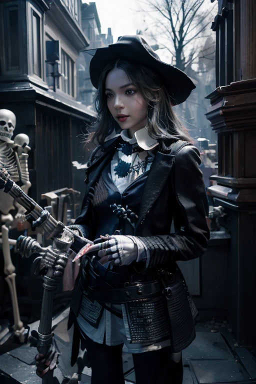 Young beautiful girl, Emma Myers, American, SOFT SMILING FACE, HAVE A BROWN HAIR, wears a old work cap, wears old-fashioned clothes, 19th century, poverty-stricken clothes, old torn clothes, 19th century period clothing, holding a bouquet, standing before her grandparents' tombstones, cemetery background, dark cities background, night time, midnight background.

The Smiling and widely mouth laughing Skeleton Woman from Bloodborne.

A black-haired girl wields the Heavy Thrusting SCYTHES and equip the SHOTGUNS from within the Elden Ring in a reverse grip.

Blooded Background.

((((Closer Face,Detailed,Two Sides,Left,Good,Right,Evil,Armies of Deads, Skeletons))))

The Monstrously Cannibalism Clockwork Flaming Lanterns from Bloodborne. The Monstrously Cannibalism Clockwork Thorny Wheels Robot Droid Nun and Knights From Bloodborne.

a close up symmetrical portrait of a cyberpunk gangster, biomechanical, mshn robot, splashes of orange red, hyper realistic, intricate design, (insanely detailed:1.4), (extremely fine details:1.35), Extremely sharp lines, steel, cinematic lighting, Photorealistic, a detailed painting by Ayami Kojima and Lilia Alvarado, (best quality, high quality, absurdres, intricate detail, masterpiece, cinematic), highly detailed, motion blur, film grain, noise, lens effects,