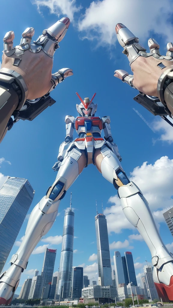 (((RAW image quality:1.4))), ((A giant mechanical woman much bigger than a skyscraper:1.4)), 14 years old, Japanese, Beautiful face, Beautiful, lustrous skin, Super detailed, advanced details, high quality, 最high quality, High resolution, 1080P, Hard disk, beautiful,((Gundam:1.4)),beautiful almost,She wears futuristic pure white micro mechanical bra and micro mechanical panties,mechanical joints, Machine hands and feet, cleavage, almost naked, perfect proportions, (blue short cut straight hair), Beautiful blue eyes, very small metropolis。Sit spread-legged in a miniature metropolis just a few feet tall, stomping city,crash city,small town,micro city, small cars and trains, (Looking up angle from directly below), deep blue sky, (Mechanical tiny panties that dig into your crotch), Pay attention to the crotch,