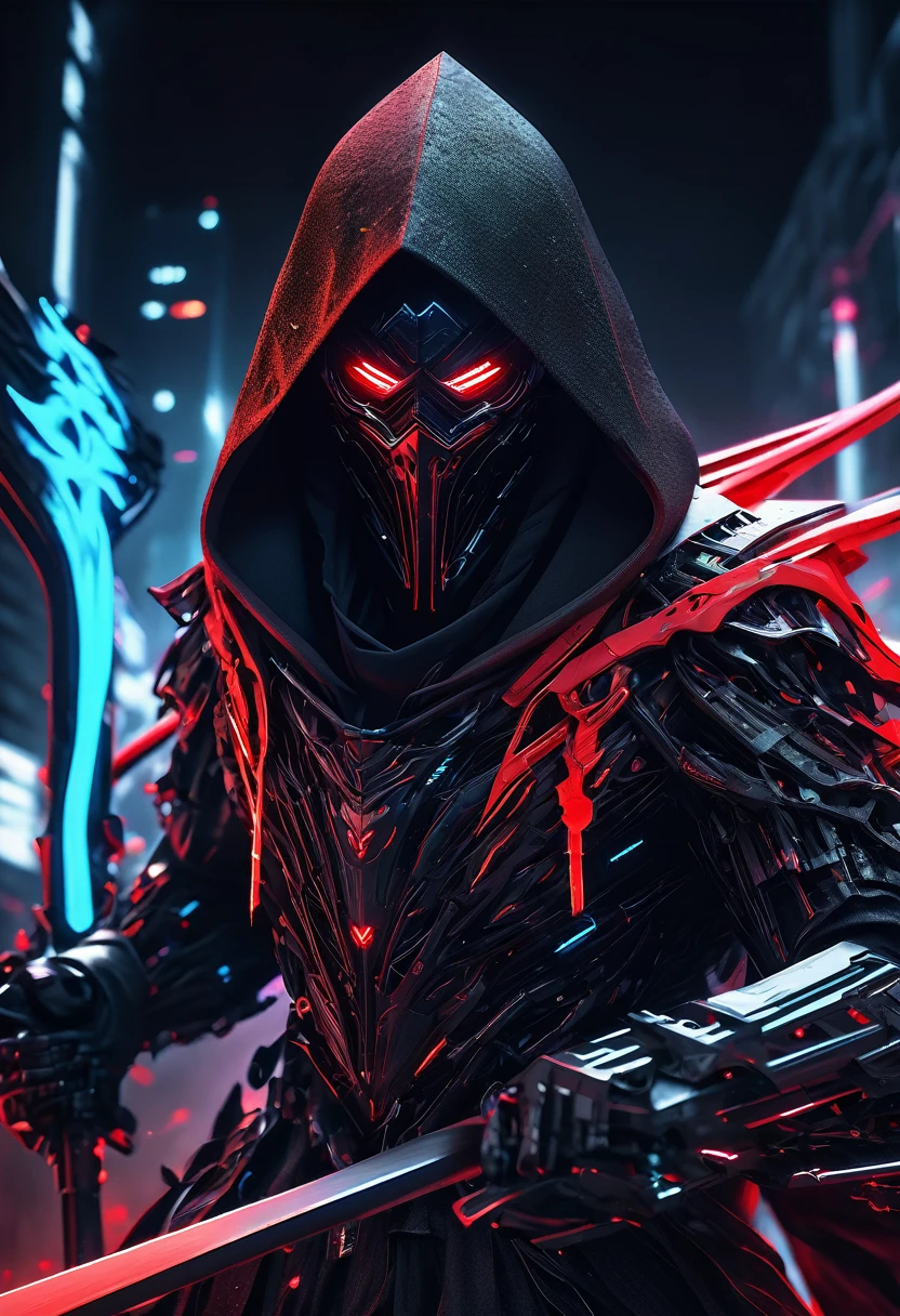 A menacing cyborg Death Reaper emerges from shadows, wear a hi tech mask, wielding dual scythes pulsing with crimson neon. Sleek black armor melds with a tattered hoodie, obscuring its face. Cinematic low-key lighting accentuates sharp edges and ominous silhouette. Hyper-detailed textures reveal intricate circuitry and battle scars. Dramatic composition emphasizes the figure's imposing presence. Color palette contrasts deep blacks with vibrant reds and cool blues. Rendered in ultra-high 8K resolution, capturing every eerie detail.
