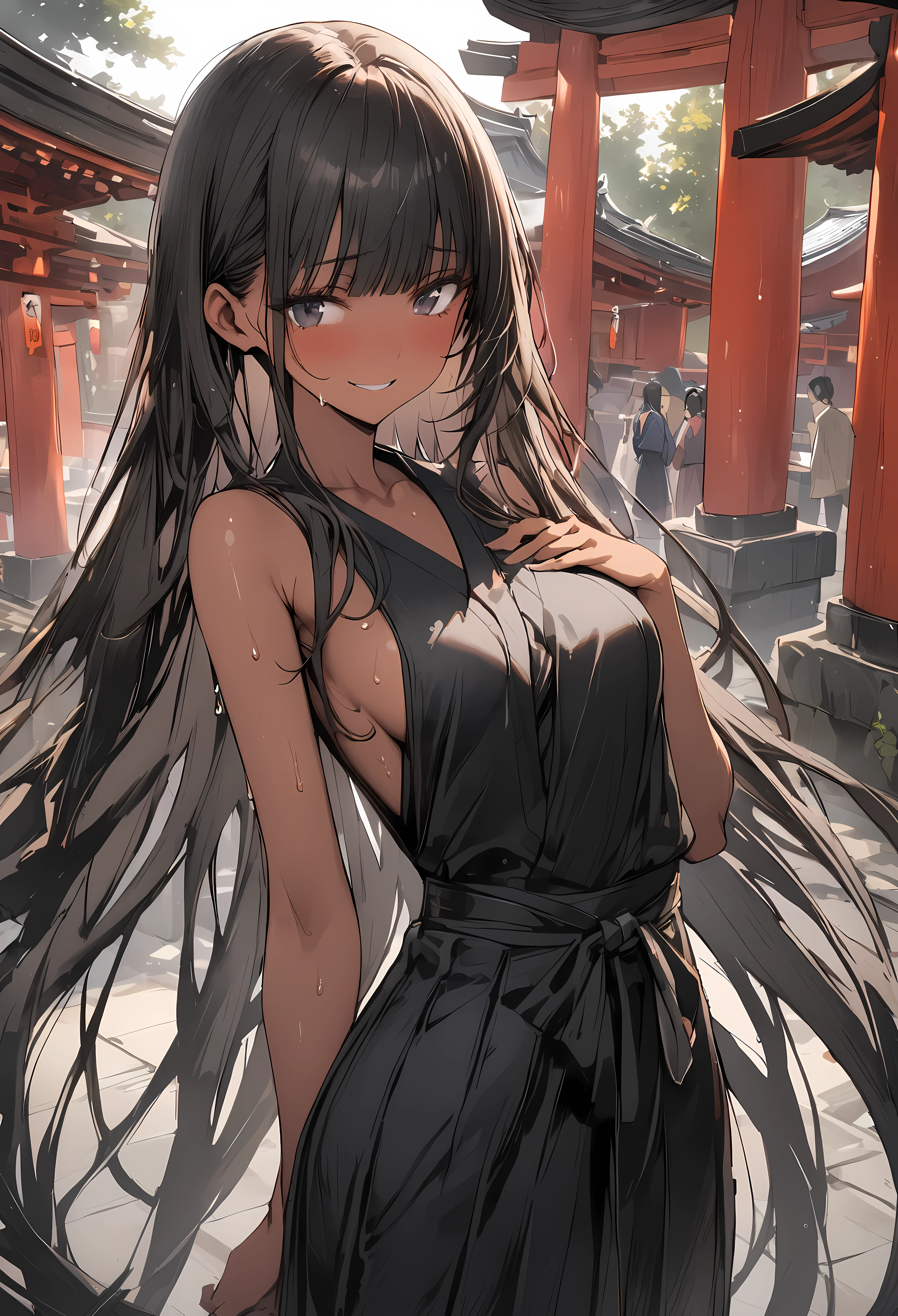 (masterpiece,Highest quality:1.3,best quality illustration),cowboy shot,1woman,(Mature Japan beauties)、black hair,long hair,blunt bangs,black eyes,gorgeous eyes,((very small head:1.3)),shy,smile,((very long body:1.2)),medium breasts,(tan skin, gleaming skin,toned body,slender body, skinny),sweat,(Black kimono,Black Hakama),standing,shrine、