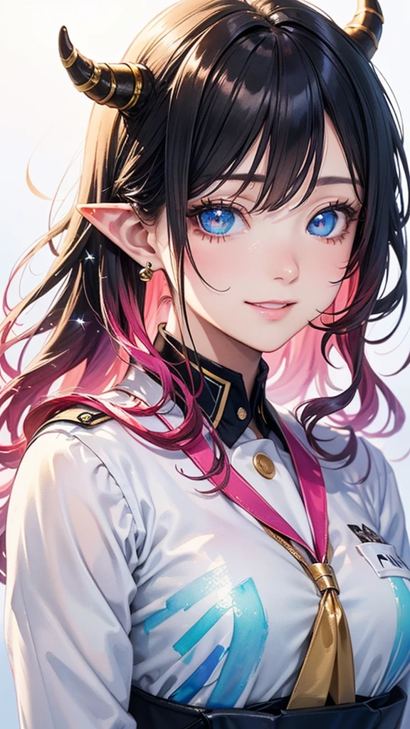 Soft Focus , (Bright gradient watercolor :1.5, Lens Flare:1.5 , Glitter :1.5), Glow , Dreamy , White background、Grid illusion, Colorful, girl、((extremely detailed eye:1.5)),((Face Zoom:1.5)),((Face Focus:1.5)),(((masterpiece、top-quality、top-quality、watercolor paiting))),(Curly)、Official art、Beautifully Aesthetic:1.2)、(4girl:1.5)、(Fractal Art:1.3)、The upper part of the body、colourfull、((Ultra-detailed retina:1.5))、embarrassed from、(Midriff)、((Pink eyes, Bangs)), ((Super Detail Eyes:1.5))、((red hair, long hair))、horns, horns towards the bangs, black horns, elf, elf ears((the Extremely Detailed CG Unity 8K Wallpaper masterpiece、top-quality))、((ultra-detailliert:1.2))、(The best lighting、Best Shadows、extremely delicate and beautiful)、(the Extremely Detailed CG Unity 8K Wallpaper masterpiece、best qualtiy、ultra-detailliert)、(The best lighting、Best Shadows、extremely delicate and beautiful)、(the perfect body:1.5)、((Wow Writing High School Uniforms:1.5)),{{{{Dazzling brilliance}}}}、Rainbow Bridge、(masutepiece:1.2), Best Quality, (Illustration:1.2), (Ultra-detailed), hyperdetails, (delicate detailed), (Intricate details), (Cinematic Light, best quality backlight), solo women, Perfect body, (4girl), (Best Illumination, extremely delicate and beautiful), Cinematic Light、【emblem:Irridescent color 】、Blue sky with、Sunnyday, smile, beautiful smile