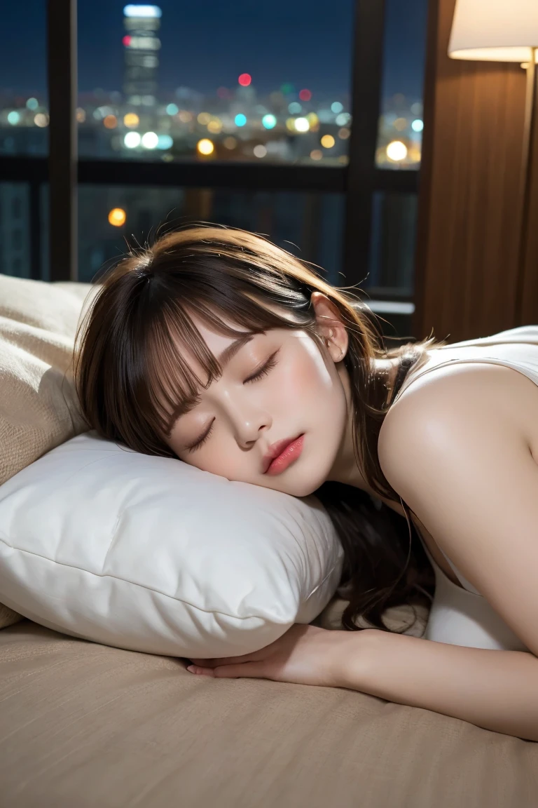 Lying in bed in a high-rise hotel with a stylish night view , Highest quality, shape, Very detailed, In detail, High resolution, 8k wallpaper, Perfect dynamic composition, Beautiful details, Natural Lip, Cute Costumes, Big Breasts, Cleavage, She is sleeping on her side, her face tucked into the pillow, her eyes closed and her cute sleeping face..., A masterpiece of the whole body, Full Body Shot
