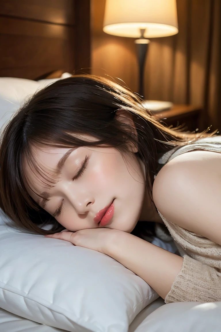 Lying in bed in a high-rise hotel with a stylish night view , Highest quality, shape, Very detailed, In detail, High resolution, 8k wallpaper, Perfect dynamic composition, Beautiful details, Natural Lip, Cute Costumes, Big Breasts, Cleavage, She is sleeping on her side, her face tucked into the pillow, her eyes closed and her cute sleeping face..., A masterpiece of the whole body, Full Body Shot