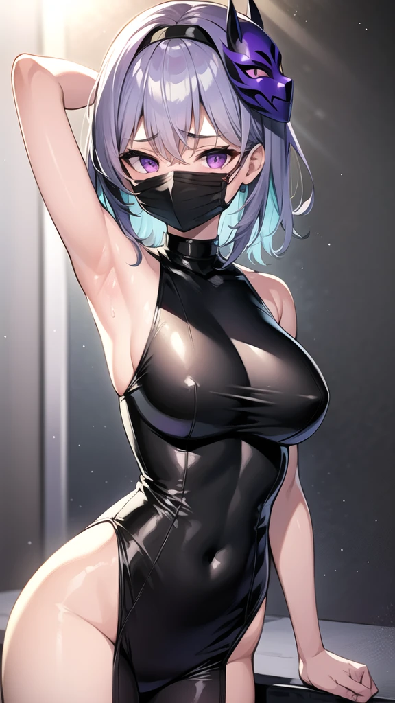 One girl, Gray Hair, Multicolored Hair, Purple eyes, Mask on head, Side Lighting, Particles of light, wallpaper, Arm Up, sweating