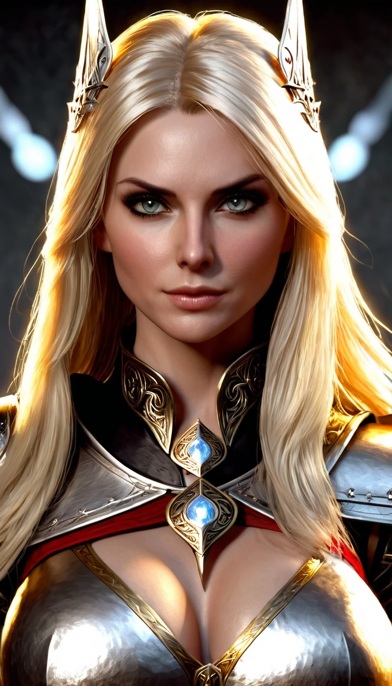 (character portrait for the game Dungeons and dragons), (female 30 years old, spellblade, high charisma), (white skin:0.8, nordic facial features, heavy black makeup, light blue eyes, blond, long, straight hair), (dark fantasy), (heavy platemail armor, gray metallic, cleavage),([dim lights], shadows in the background, red, black, yellow)