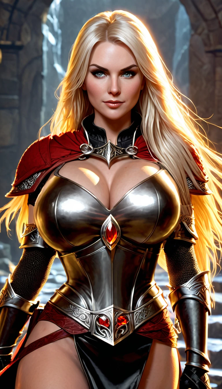 (character portrait for the game Dungeons and dragons), (female 30 years old, spellblade, high charisma), (white skin:0.8, nordic facial features, heavy black makeup, light blue eyes, blond, long, straight hair), (dark fantasy), (heavy platemail armor, gray metallic, cleavage),([dim lights], shadows in the background, red, black, yellow)