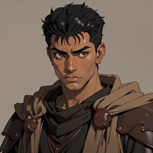 (masterpiece), (best quality),(portrait),(bust up),1boy,solo,(sharp focus),((look at viewer)),tanned skin ,(black hair),adult, (ancient:1),ancient luxurious long clothes,old school fantasy art,((simple background)),super shiny face,Ultra Glossy Skin,guts \(berserk\),(in jedioutfit),Beige outfit,black outfit:0.2