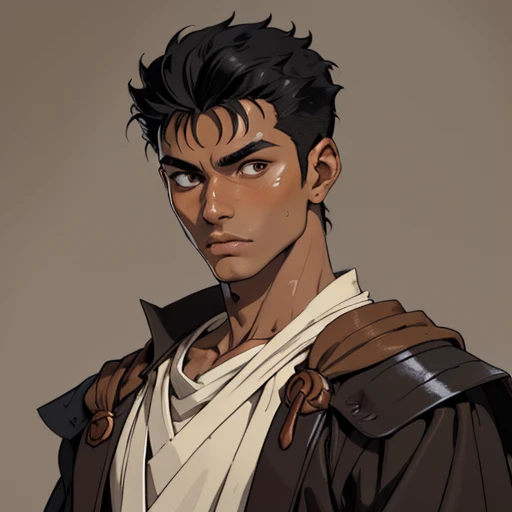 (masterpiece), (best quality),(portrait),(bust up),1boy,solo,(sharp focus),((look at viewer)),tanned skin ,(black hair),adult, (ancient:1),ancient luxurious long clothes,old school fantasy art,((simple background)),super shiny face,Ultra Glossy Skin,guts \(berserk\),(in jedioutfit),Beige outfit,black outfit:0.2