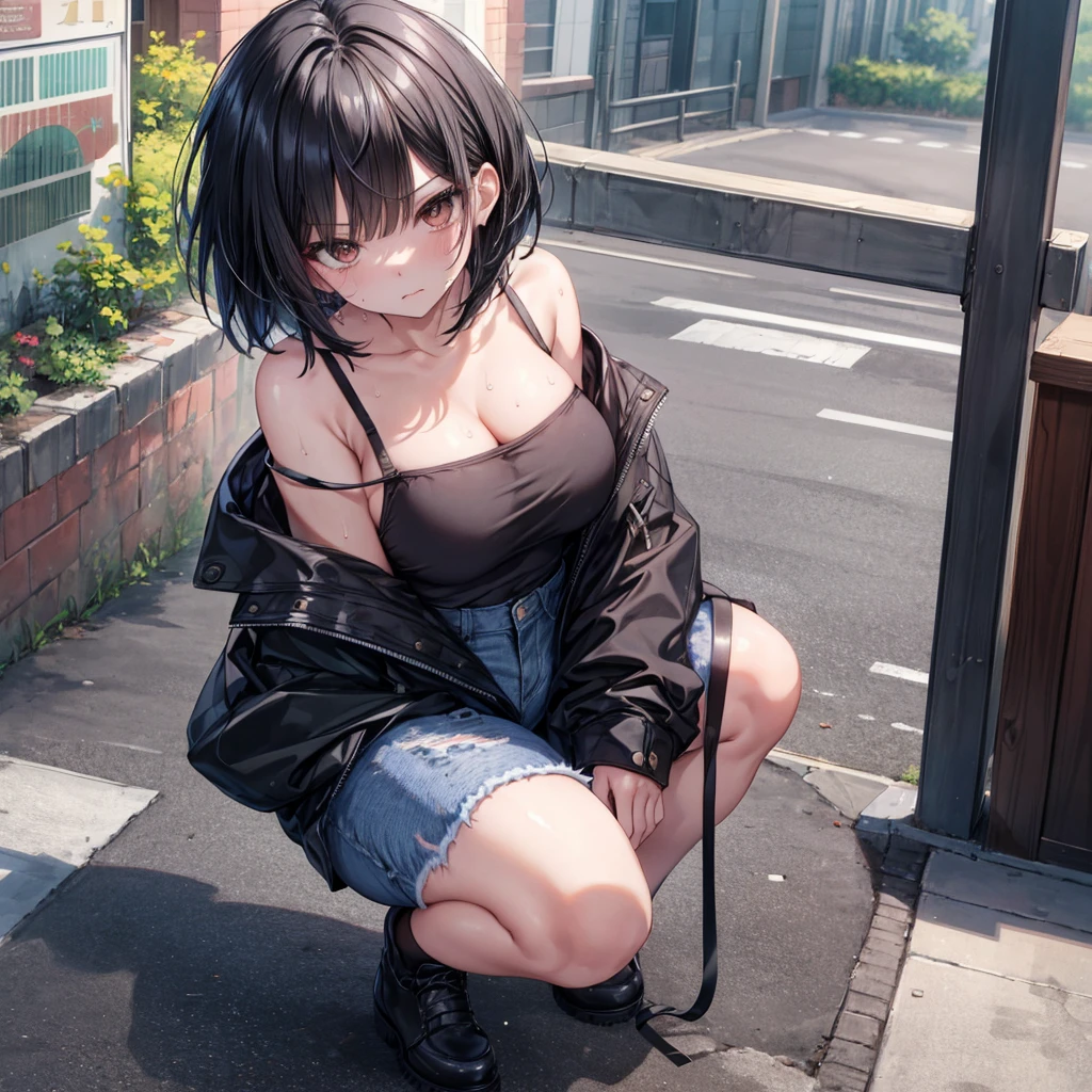 ((Highest quality)), ((masterpiece)), ((detailed)), (4K), 1girl, 独奏, black hair, bob cut, black tube top, denim shorts, squatting, large breasts, angry, looking at viewer, (from above), town, sweat