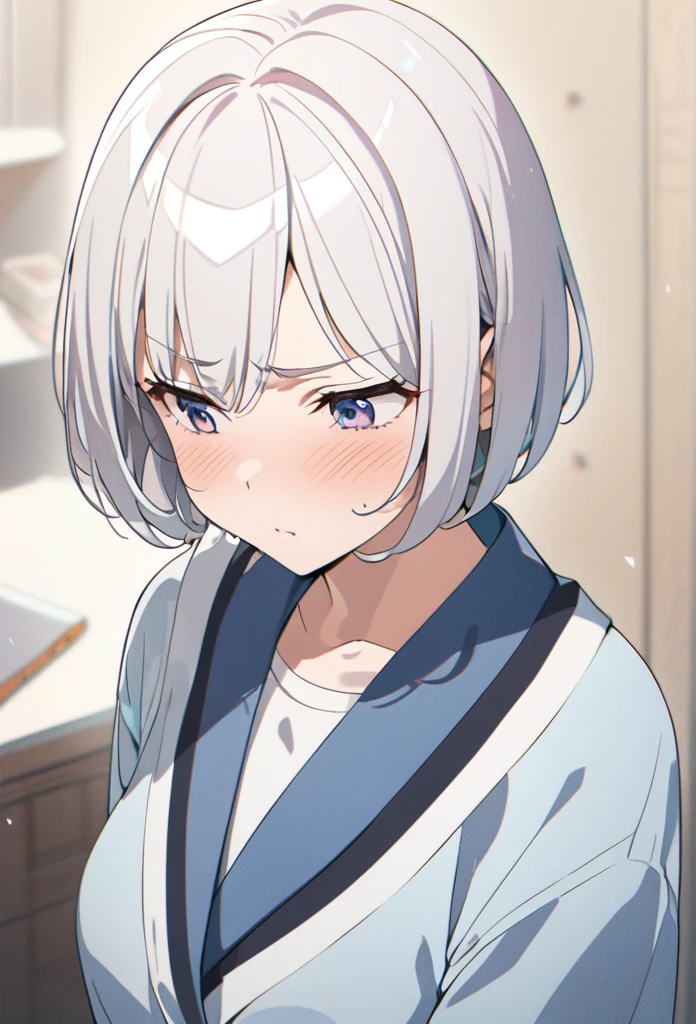  (8K, 4K, Best Quality, High Resolution: 1.2) ,1 girl, megami magazine, white hair, short hair, mature face, ashamed look, mature face, blush, 3/4 angle view, anime style colouring, face view