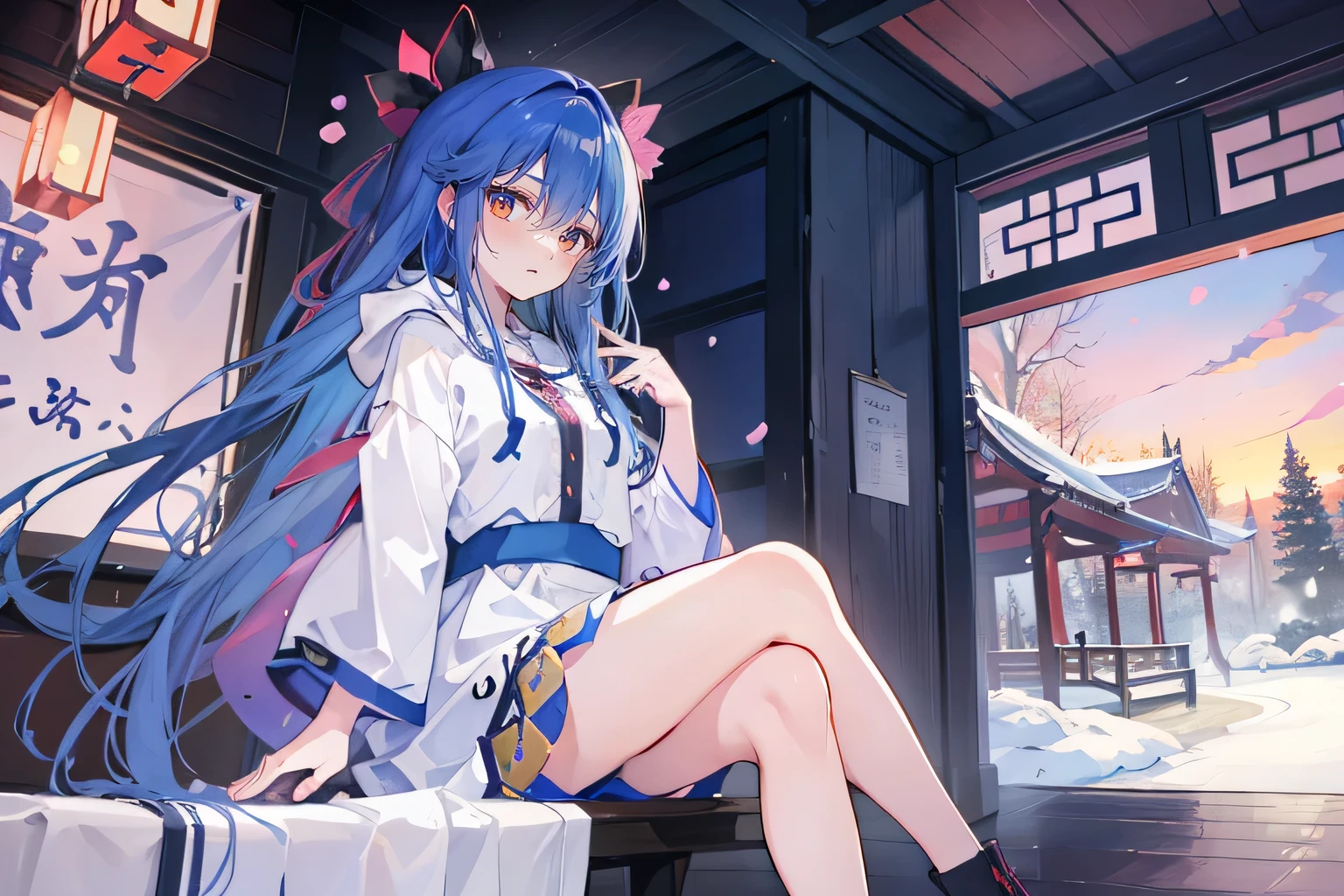 (masterpiece:1.2),Super detailed,lifelike,Expressive eyes,fair skin,perfect face shape,1 girl,
Japanese comics,Gorgeous blue hair,flowing blue hair,flowing clothes,Petals fall,beautiful lola,Baby Angel,
Cross your legs,Gentle and peaceful background,The pavilion is cool and comfortable,smile, wearing hoodie, background of tokyo,back views,snowing, winter,sunrise,Petals fall。