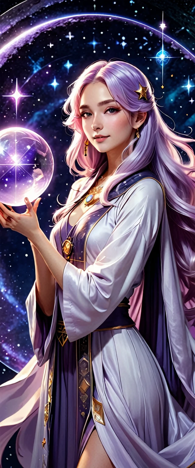 Beautiful Celestial Astrologer, Detailed key animation art, Official Anime Artwork,Girl with long light purple hair holding crystal ball staff,Shoulder silver shawl cosmic astrology girl, Background with astrological chart and brilliant stars.