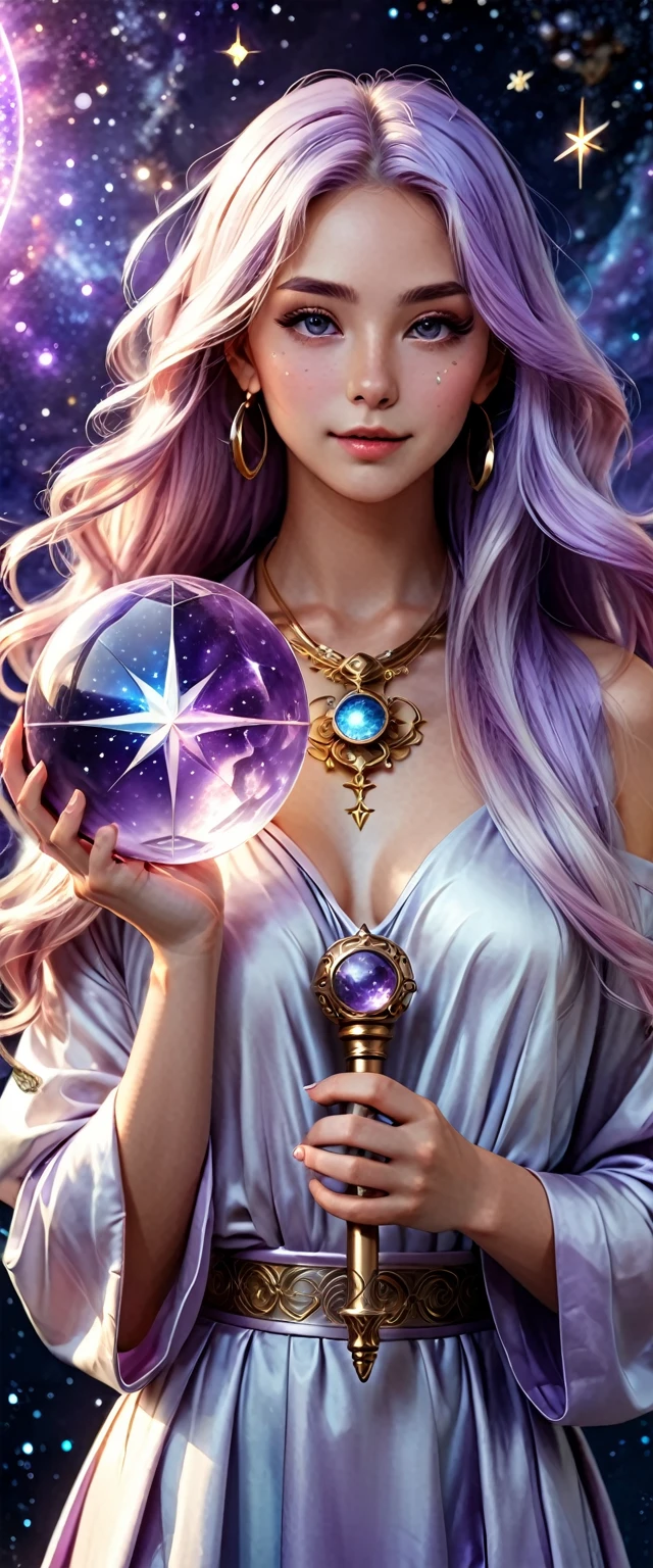 Beautiful Celestial Astrologer, Detailed key animation art, Official Anime Artwork,Girl with long light purple hair holding crystal ball staff,Shoulder silver shawl cosmic astrology girl, Background with astrological chart and brilliant stars.