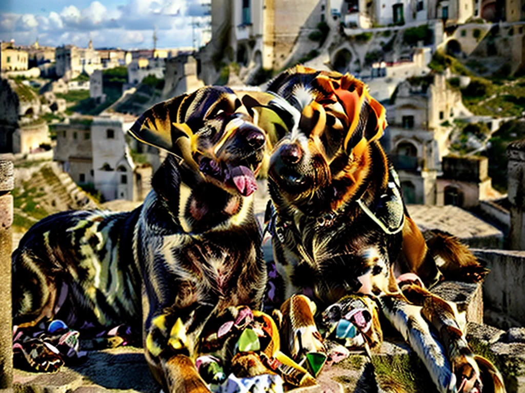 (VIKA woman and drahthaar dog:1.5), ((supermodel blonde woman in sassi_di_matera:1.3)). Town of Matera in background landscape.