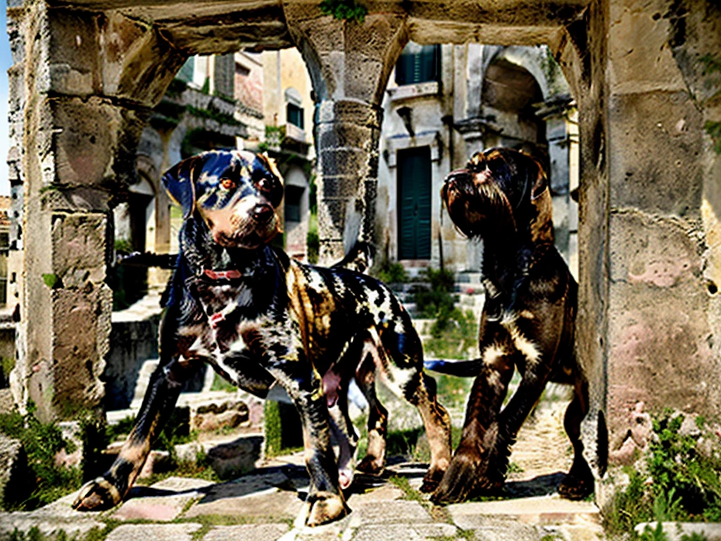 (VIKA woman and drahthaar dog:1.5), ((supermodel blonde woman in sassi_di_matera:1.3)). Town of Matera in background landscape.