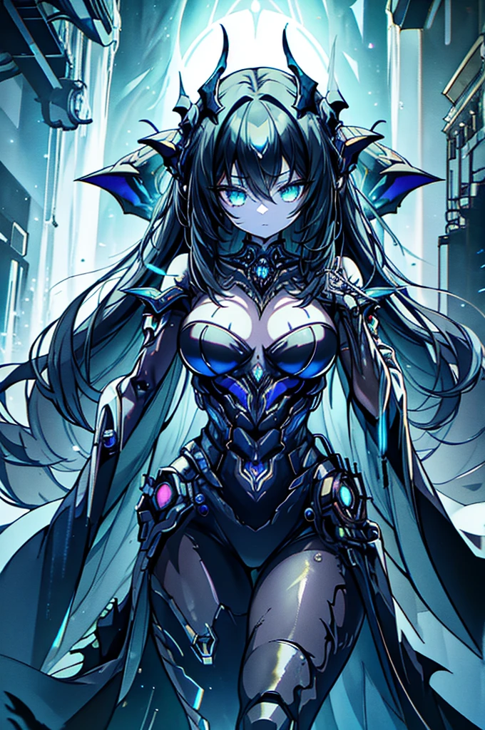A cybernetically enhanced gothic alien girl, a masterpiece of mechanical horror looms in the shadows. This eerie creature is depicted in a hyper-realistic oil painting, capturing every intricate detail in stunning clarity. Its metallic fins glimmer with neon lights, contrasting starkly against its decaying scales. The background is a dark, polluted cityscape, adding to the ominous atmosphere of the image. The overall quality of the painting is so lifelike that it feels as if the alien could leap out of the canvas at any moment.
