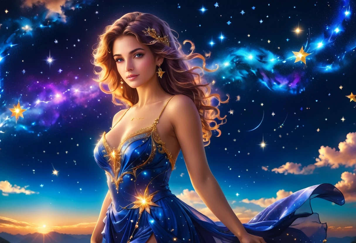 a portrait of an astrologer looking at libra constellation in the night sky, an extraordinary beautiful woman, there is magic in her eyes divining the future from the Libra constellation, dynamic hair color, dynamic hair style, wearing an intricate sapphire dress decorated with glowing stars, she looks to the night sky seeing the ((Libra constellation in the sky: 1.3)), vibrant, Ultra-high resolution, High Contrast, (masterpiece:1.5), highest quality, Best aesthetics), best details, best quality, highres, 16k, [ultra detailed], masterpiece, best quality, (extremely detailed), Cinematic Hollywood Film, magical sky, FireMagicAI