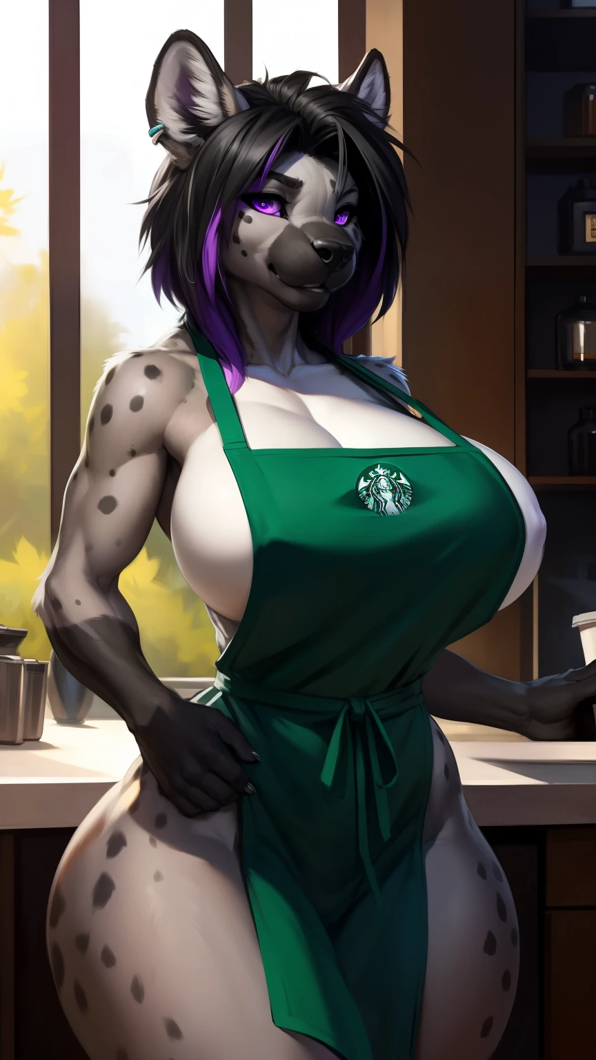 (anthro)) hyena, Ross Tran, by ruan jia, by zaush, by foxovh, by cutesexyrobutts, by cervina_7, by sligarthetiger, Best Quality, masterpiece,, Illustration, Wallpaper,1girl in, Solo, black hair, mohawk on one side haircut, the end tips of hair are purple, dot piercings 3 in 2 row down her snoot, multipule golden ear piercings , purple eyes, glowing eyes, Beautiful detailed girl, extremely detailed eye and face, black dragon tattoo on her arm, Beautiful detailed eyes, natural_Lighting, Looking at Viewer, Thick_thighs, big ass, tall, hourglass figure, female, cute, Starbuck, casher, barista, Starbucks apron, large breasts, natural breasts, tail, tall, happy expresion, wide hips thin waist, 8k