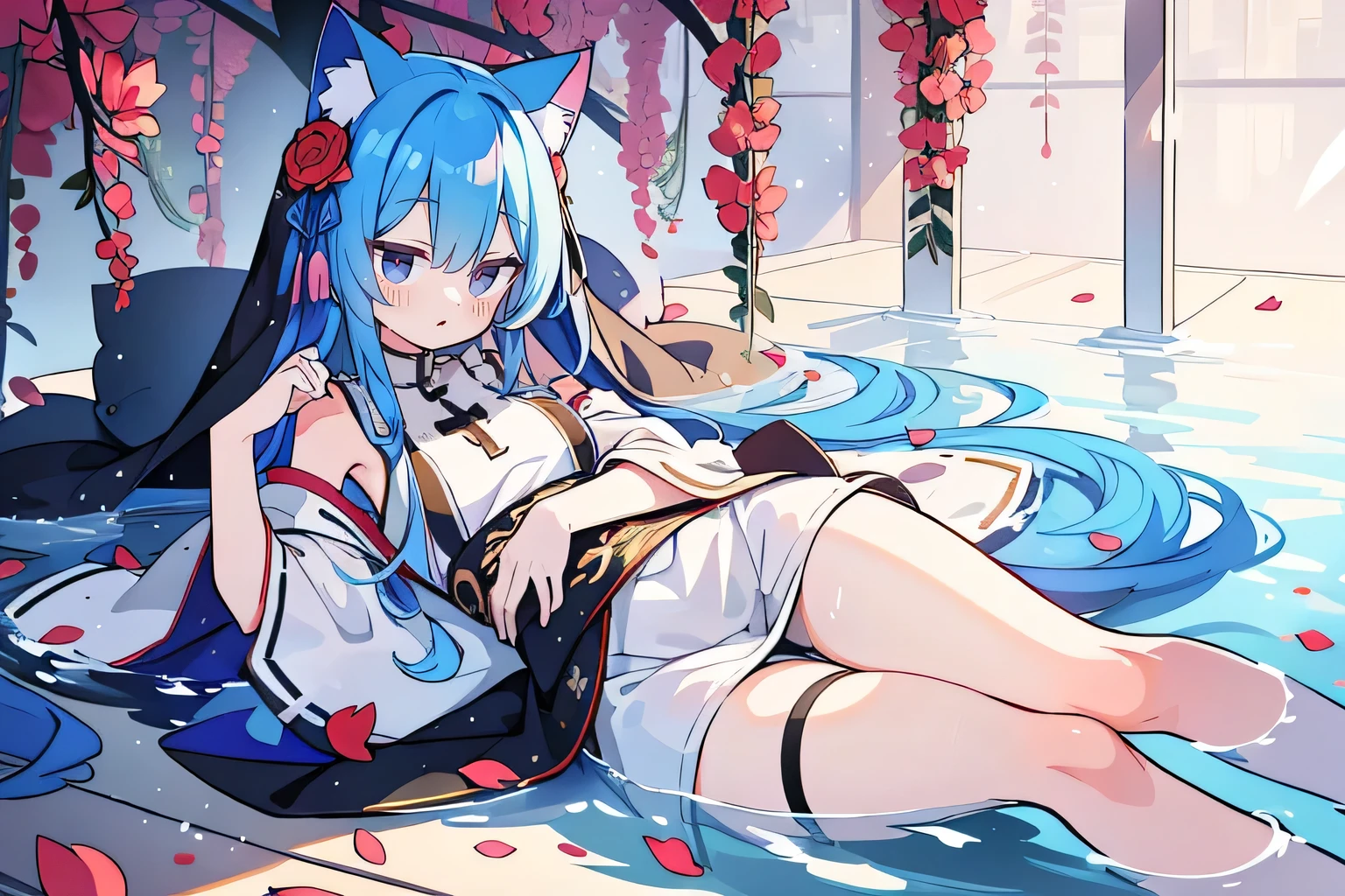 （masterpiece：1.2），Super detailed，lifelike，Expressive eyes，fair skin，perfect face shape，1 girl，
Japanese comics,Gorgeous blue hair,flowing blue hair,flowing clothes,Cat ears,Petals fall,beautiful lola,Baby Angel,
Shaking head with one hand，Cross your legs，，The pavilion is cool and comfortable,smile,back views,sunrise,Petals fall, winter,lie on the water，Nun&#39;s Clothes，stately church。
