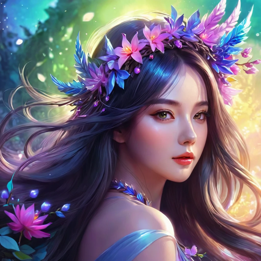 woman with long hair and a wreath of flowers in her hair, digital art, inspired by Rossdraws, trends in the CG community, Fantasy art, Fantasy art style, подробное фэнтезийное digital art, beautiful fantasy portrait, beautiful Fantasy art portrait, великолепное digital art, digital art фэнтези, colorfull digital Fantasy art, beautiful Fantasy art, красивое digital art, красивое digital artwork