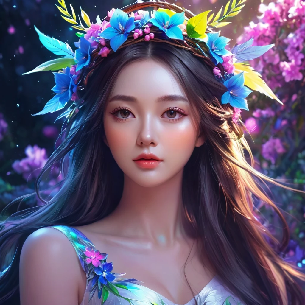 woman with long hair and a wreath of flowers in her hair, digital art, inspired by Rossdraws, trends in the CG community, Fantasy art, Fantasy art style, подробное фэнтезийное digital art, beautiful fantasy portrait, beautiful Fantasy art portrait, великолепное digital art, digital art фэнтези, colorfull digital Fantasy art, beautiful Fantasy art, красивое digital art, красивое digital artwork