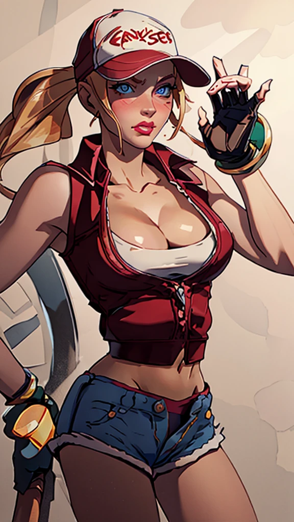 ((((masterpiece, best quality, high resolution)))), Extremely detailed 8K, 1 female, matte eyeshadow, eyelashes, eyeliner, glossy lipstick, (pouty lips:1.3) makeup, blush, BREAK detailed background, BREAK Terry Bogard girl, blond hair, ponytail, long hair, baseball cap, fingerless gloves, denim shorts, (Ultra HD, Ultra-detailed, Highly detailed, Highly realistic, Ultra-realistic, photograph realistic), (1girl:1.5), (Realistic long blond hair), (dynamic poses), facing at camera, looking at viewer, (a serious focus face), (regular blue eyes, sharp eyes), (perky breasts:1.2), (beautiful detailed face, beautiful detailed eyes), glow, (sunbeam, sunlight), ((cowboy shot)), seductive, EnvyBetterHands LoCon,