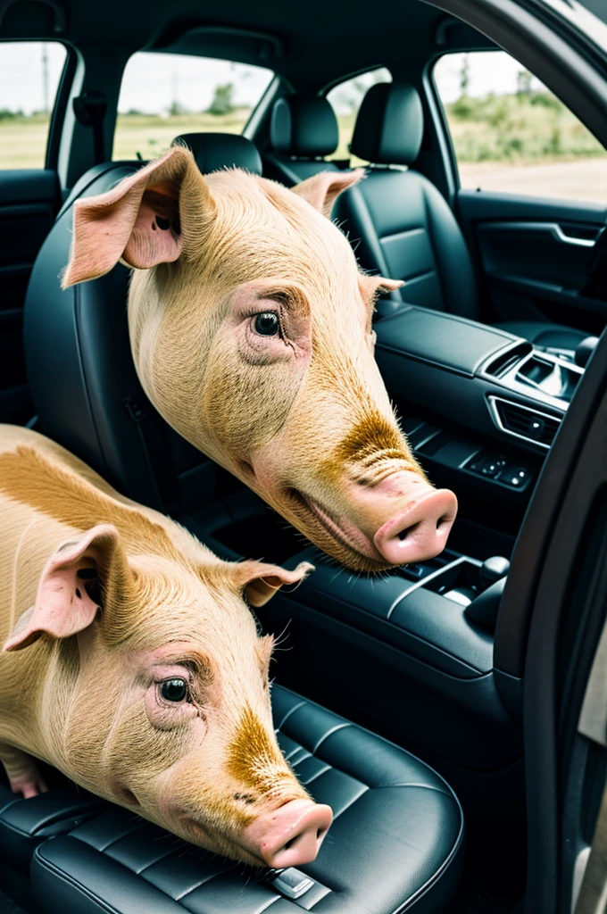 A pig is being transported in a car