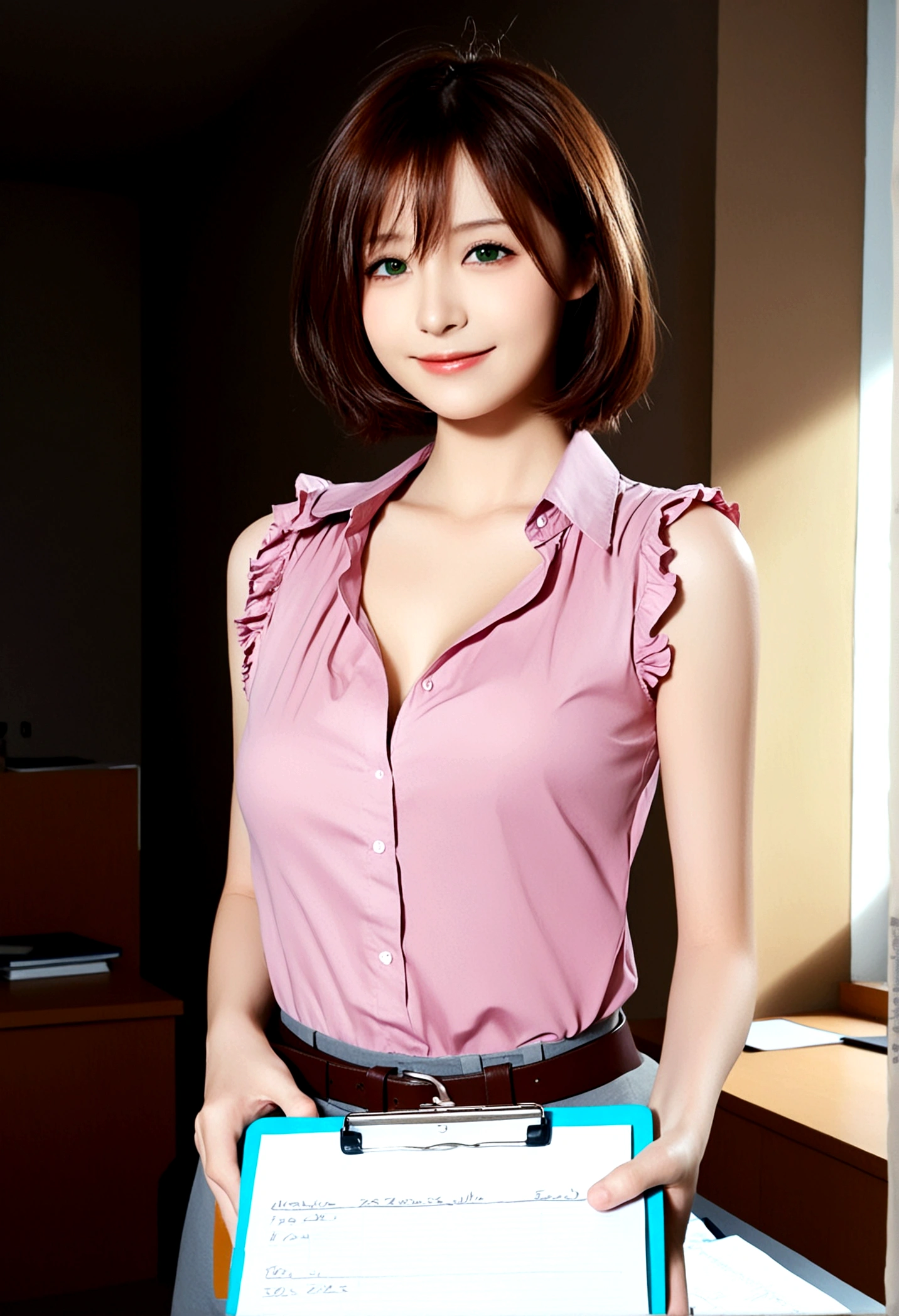 1 Girl, Solitary, breast, Looking at the audience, Smile, short hair, large breast, Brown hair, shirt, Keep, cleveage, Green Eyes, clavicle, Ruffles, sleeveless, belt, indoors, sleeveless shirt, pink shirt, clipboard