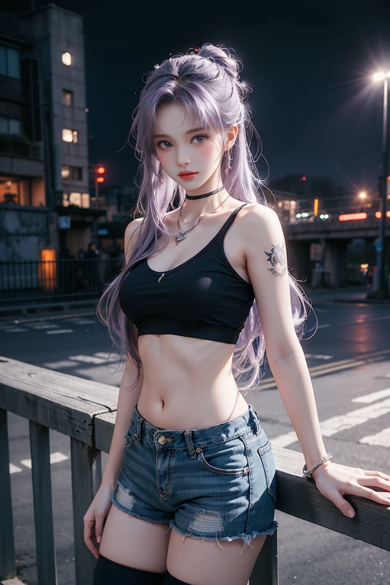young girl, (19 years old), (perfect face), fit the body (Tattoo legs), (style: rock), (have green eyes), (Full body only......), (tired: shirtless, bare chest ,Cover the chest with your hands..., Open stomach wide ripped jean shorts , open thigh high,low waist), (purple hair, long hair, ), (moderate, Open your stomach wide..., rounded chest), (in the background, rock style night club). Standing and half sitting, leaning against the bridge railing.