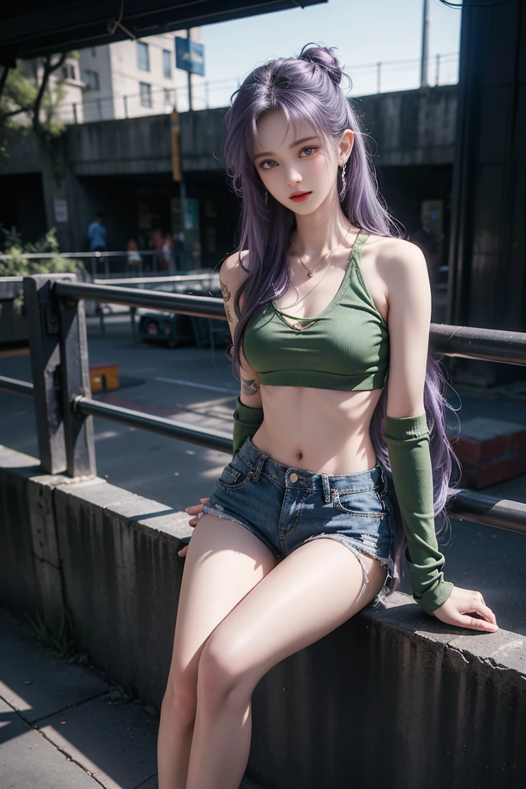 young girl, (19 years old), (perfect face), fit the body (Tattoo legs), (style: rock), (have green eyes), (Full body only......), (tired: shirtless, bare chest ,Cover the chest with your hands..., Open stomach wide ripped jean shorts , open thigh high,low waist), (purple hair, long hair, ), (moderate, Open your stomach wide..., rounded chest), (in the background, rock style night club). Standing and half sitting, leaning against the bridge railing.
