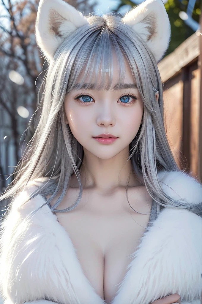 10-year-old girl、1 person、Baby Face、Classmate、Full body photo、(Fur coat、White fox fur、Fluffy fur:1.5)、Small breasts、Small breasts、smile、bangs、Long Hair、(White fox fur、Fox Ears、Silver Hair、Crystal clear hair、Smooth Hair:1.5)、Sexy pose、The light illuminates my hair、Light Hair、Silky Hair、Shiny Hair、Slim body、RAW Photos, (Highest quality、masterpiece、Realistic photo:1.2)、Dramatic lighting、Bright lighting、Super detailed、Realistic skin texture、Beautiful eyes in every detail、Blue colored eyes、land of snow、Snow is piled up、Fantasy World、(Detailed Background、Depth of written boundary:1.2)、