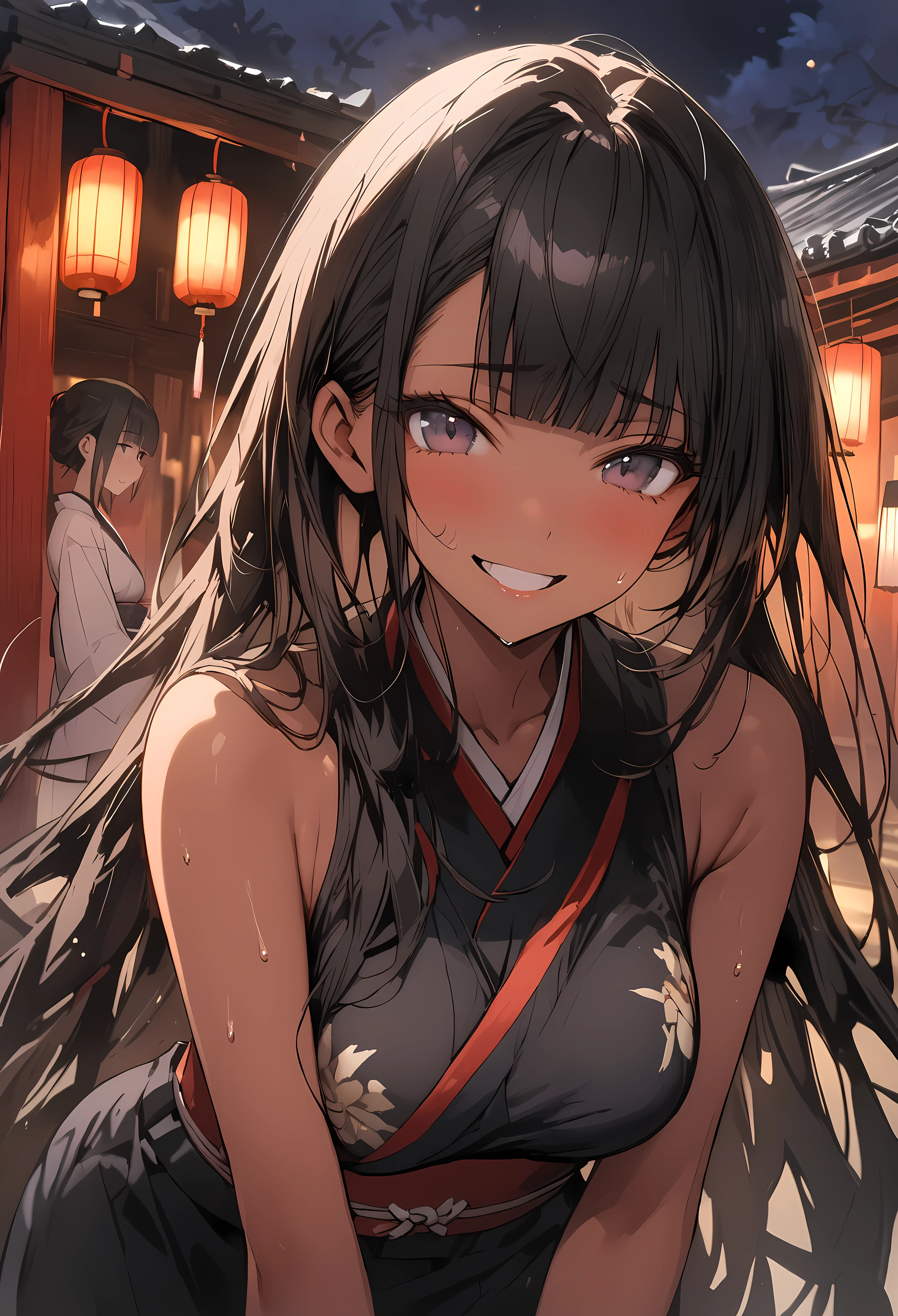 (masterpiece,Highest quality:1.3,best quality illustration),cowboy shot,1woman,(Mature Japan beauties)、black hair,long hair,blunt bangs,black eyes,gorgeous eyes,((very small head:1.3)),shy,smile,((very long body:1.2)),medium breasts,(tan skin, gleaming skin,toned body,slender body, skinny),sweat,(Ninja costume、Black kimono,Black Hakama),standing,shrine、night、moonlight、