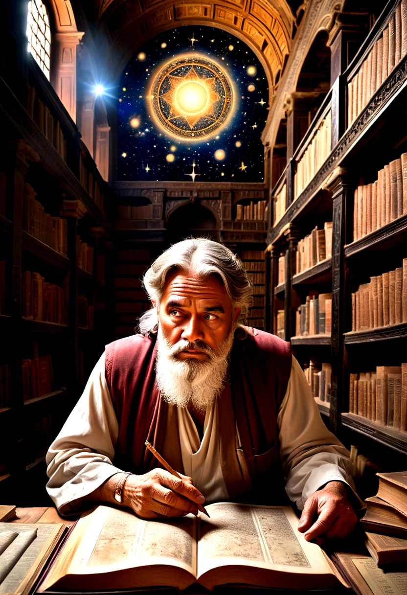 (Astrologer), An astrologer is interpreting fate on a complex star chart, with ancient runes and symbols next to it. The background is a flickering image of a galaxy, full body, (Photography), panoramic view, award-winning, cinematic still, emotional, vignette, dynamic, vivid, (masterpiece, best quality, Professional, perfect composition, very aesthetic, absurdres, ultra-detailed, intricate details:1.3)