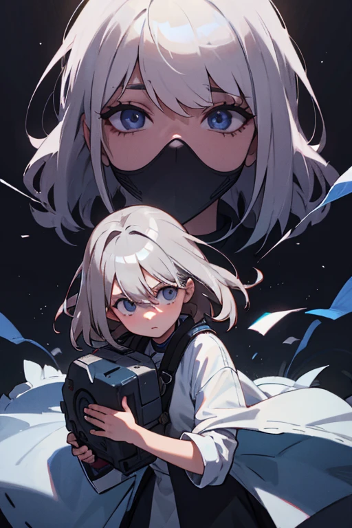 Researcher、White、Grey Hair、long、Shaggy Hair、1people、whole body、A face full of madness、Dark circles in the eyes