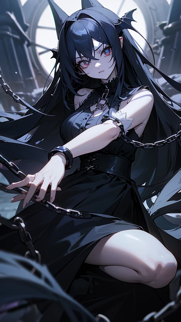 anime girl wearing black long hair wearing a gothic vampire dress there is chains around it Her skin is white and her eyes is blue full body and white screen (5 fingers in style*