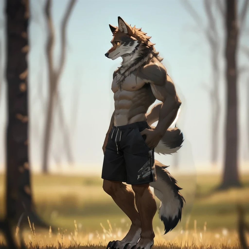 furry,male,anthropology(Prairie wolf),high quality,Correct structure,Brown fur,masterpiece,Depth of Field,Standing,black shorts,Full body portrait,strong,Topless,scar,Big furry tail